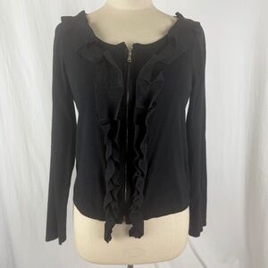 Yoana Baraschi Black Knit Sweater M Metal Scoop Cardigan w Pleated Ruffle Cotton